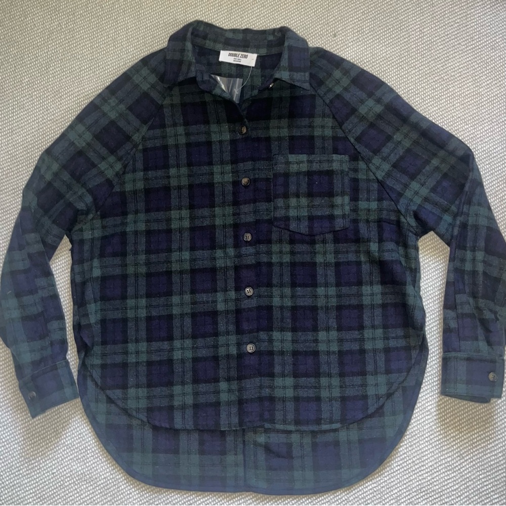 Women’s Double Zero Green Navy Plaid Flannel Shirt Jacket Oversized Shacket Sz S
